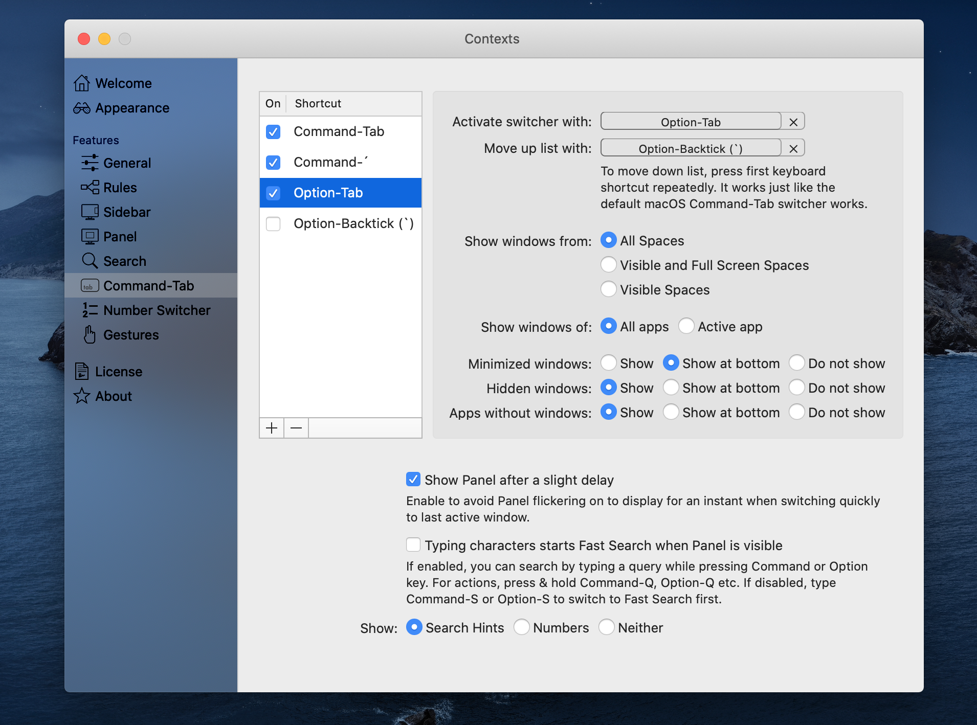 Define multiple shortcuts for window switching